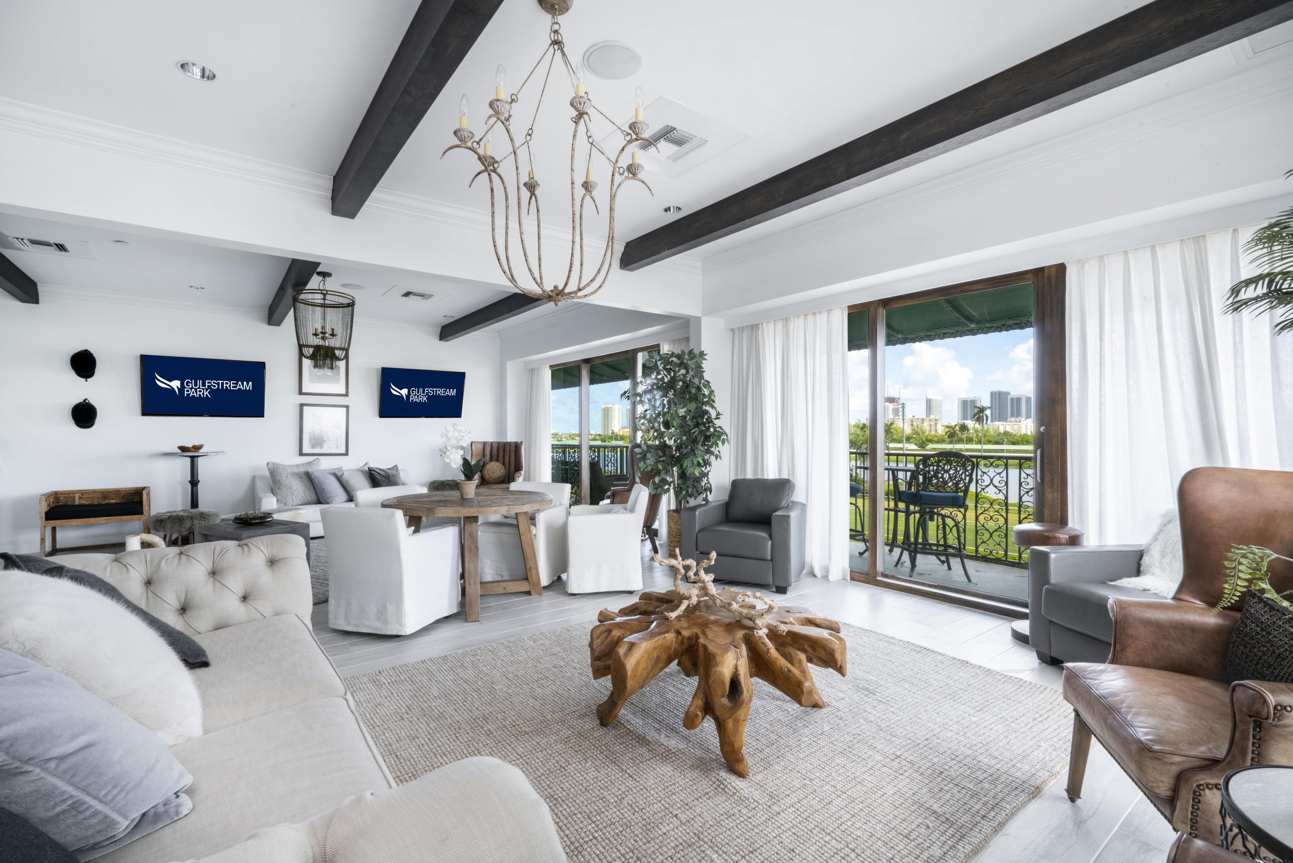 Living room arrangement of the VIP suites at Gulfstream Park
